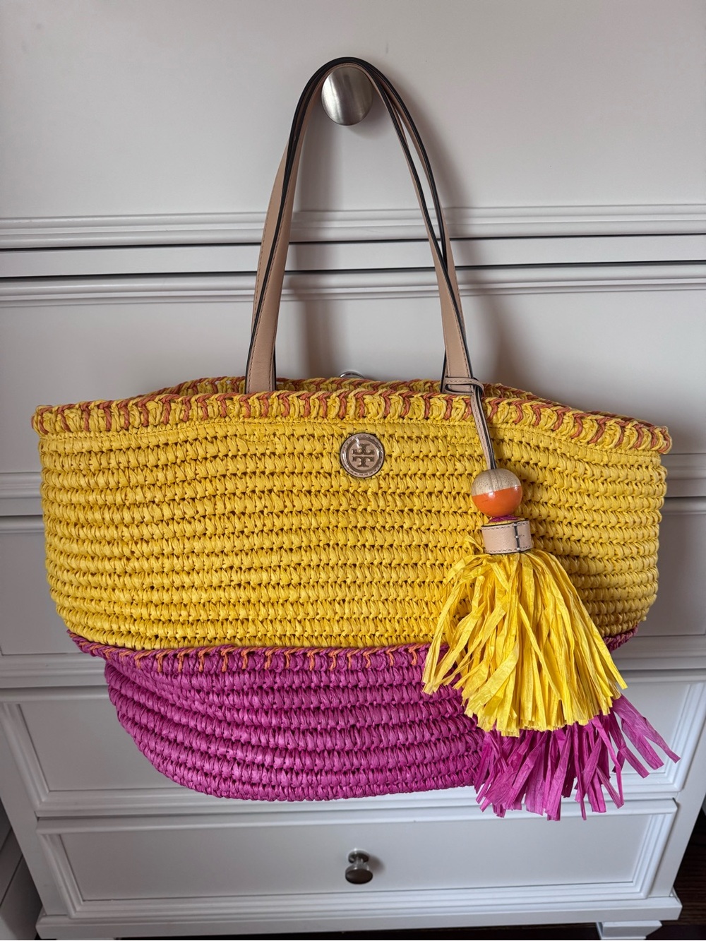 Tory Burch Yellow and Pink Straw Tote with Tassel Charm